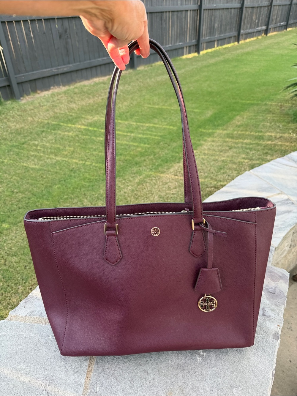 Tory Burch Quilted Logo Tote in burgundy.